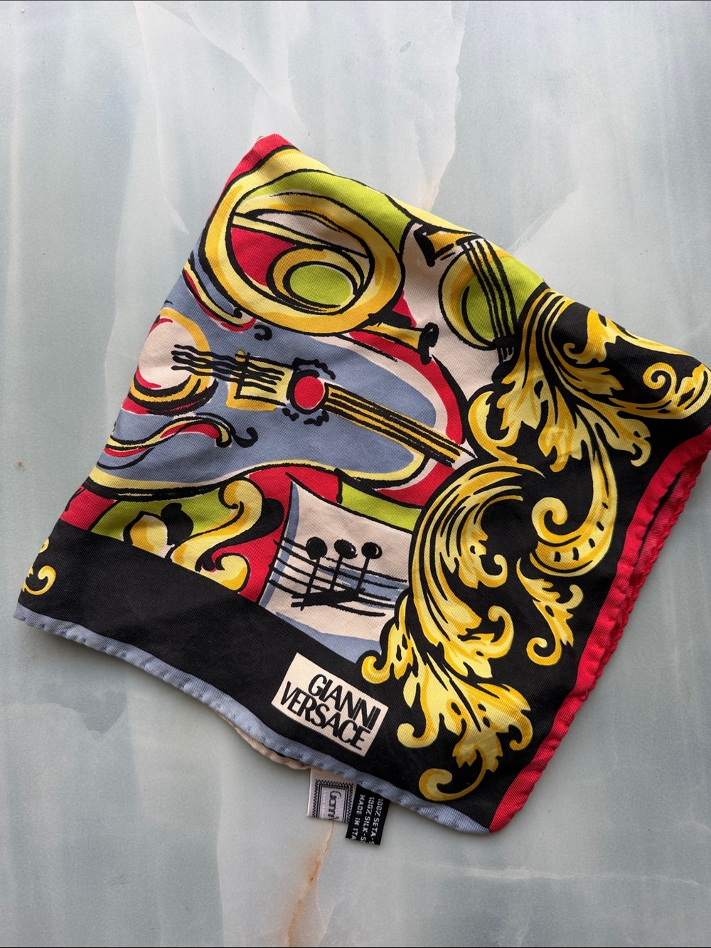 Authentic VERSACE Baroque Musical Motif Silk scarf